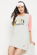 Graphic Print Colourblocked Short Night Dress in Grey - 100% Cotton