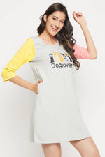 Graphic Print Colourblocked Short Night Dress in Grey - 100% Cotton