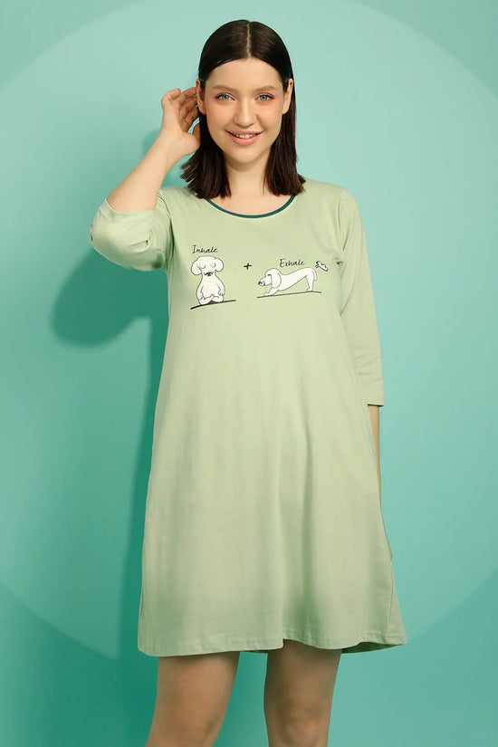 Graphic & Text Print Night Dress in Mint Green - 100% Cotton