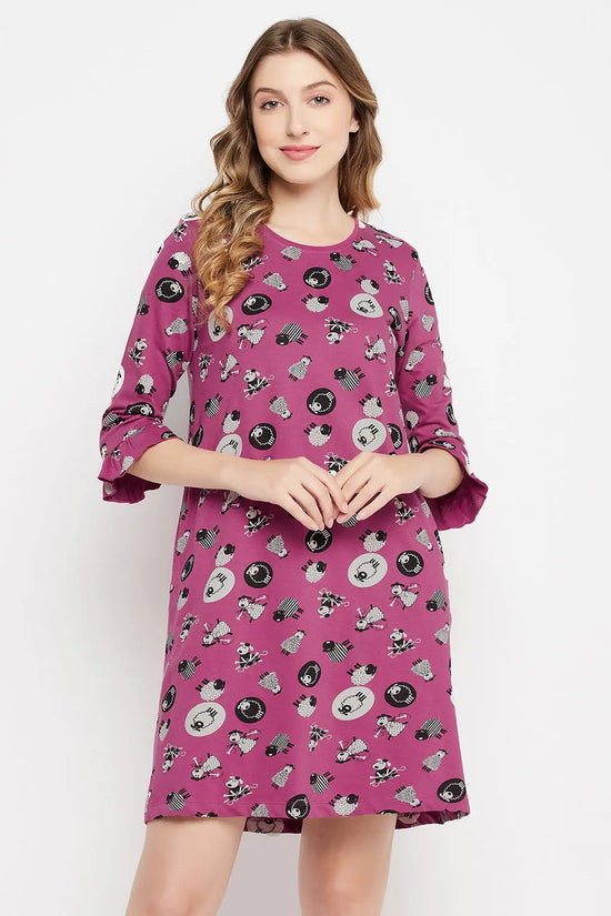 Sheep Print Short Night Dress in Mauve - 100% Cotton