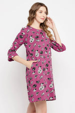 Sheep Print Short Night Dress in Mauve - 100% Cotton