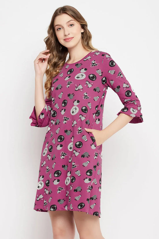 Sheep Print Short Night Dress in Mauve - 100% Cotton