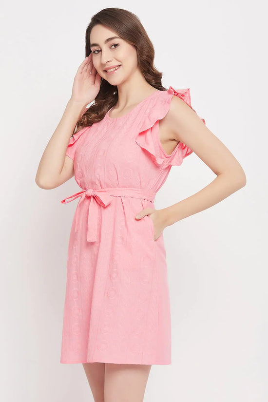 Embroidered Short Night Dress in Pink - Rayon