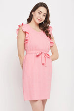 Embroidered Short Night Dress in Pink - Rayon