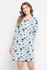 Sheep Print Short Night Dress in Baby Blue - 100% Cotton