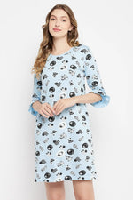 Sheep Print Short Night Dress in Baby Blue - 100% Cotton