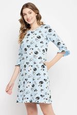 Sheep Print Short Night Dress in Baby Blue - 100% Cotton