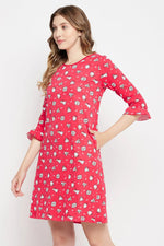 Sheep Print Short Night Dress in Red - 100% Cotton