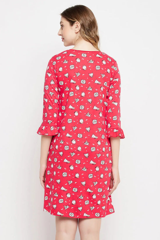 Sheep Print Short Night Dress in Red - 100% Cotton