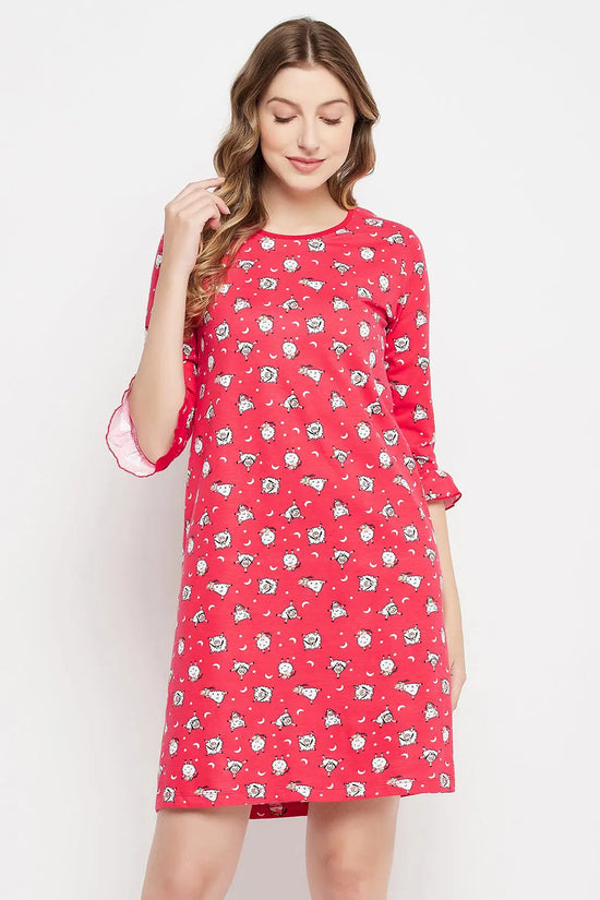 Sheep Print Short Night Dress in Red - 100% Cotton