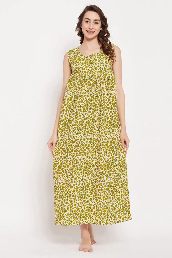 Pretty Florals Long Night Dress in Green - Rayon