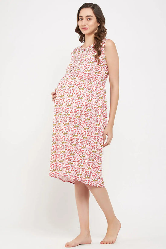 Maternity Leaf Print Short Night Dress in White - Rayon