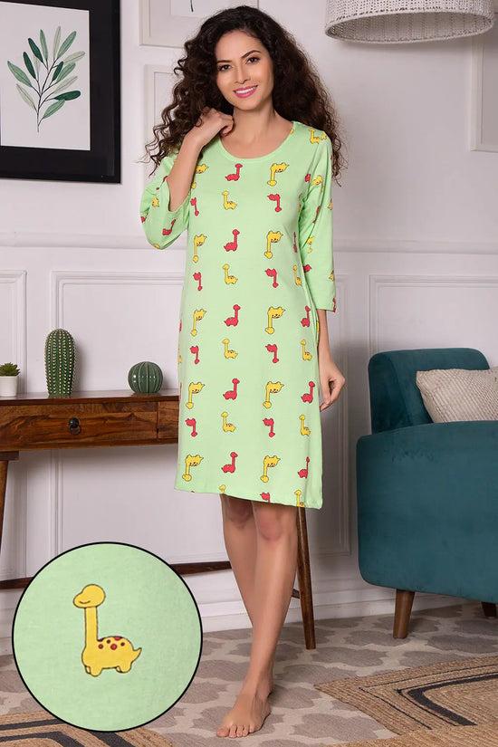 Dinosaur Print Short Night Dress in Mint Green - 100% Cotton