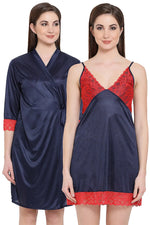 Short Night Dress & Robe Set in Navy Blue - Satin