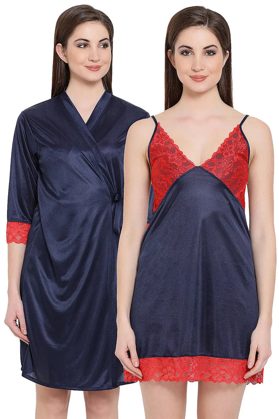 Short Night Dress & Robe Set in Navy Blue - Satin