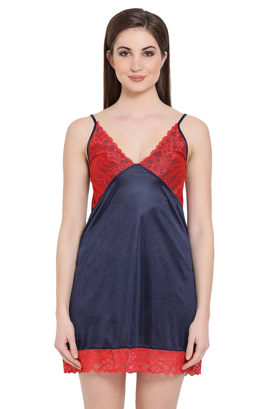 Short Night Dress & Robe Set in Navy Blue - Satin