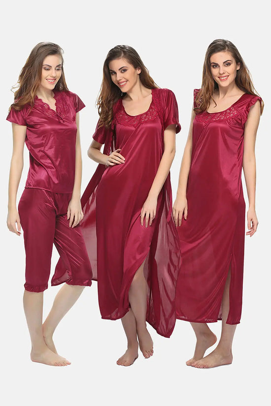 4 Pcs Satin Nightwear In Wine