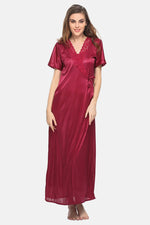 4 Pcs Satin Nightwear In Wine