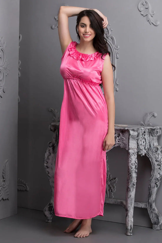 2 PCS SATIN NIGHTWEAR SET IN Pink- LONG ROBE & NIGHTIE