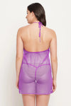 Self-Patterned Sheer Halter-Neck Babydoll with Matching Thong in Purple - Mesh