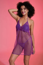 Self-Patterned Sheer Halter-Neck Babydoll with Matching Thong in Purple - Mesh