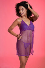 Self-Patterned Sheer Halter-Neck Babydoll with Matching Thong in Purple - Mesh