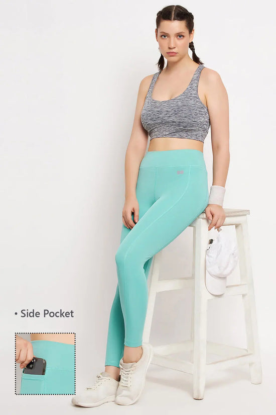 High Rise Printed Active Tights in Mint Green with Side Pocket