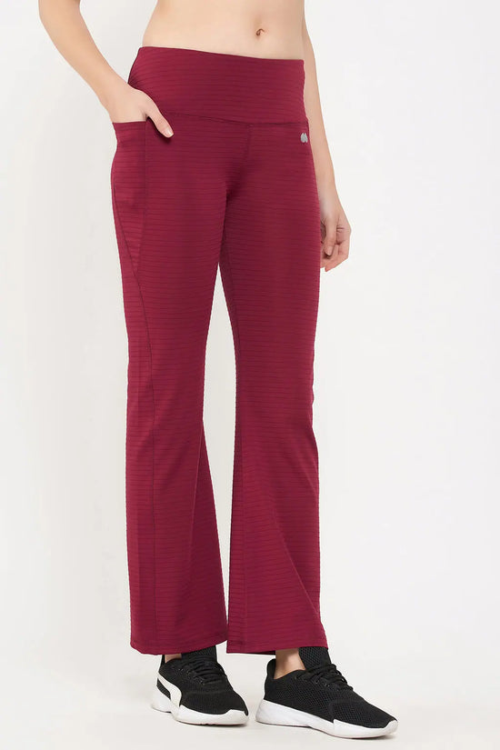 High Rise Flared Yoga Pants in Maroon with Side Pocket