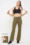 Comfort-Fit High Waist Flared Yoga Pants in Olive Green with Side Pocket