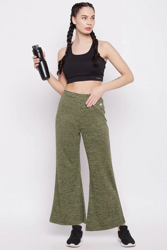 Comfort Fit Flared Active Pants in Green Melange