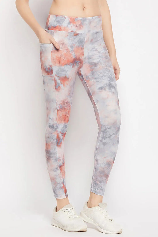 High Rise Tie-Dye Print Active Tights in Grey with Side Pocket