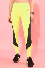 High Rise Active Tights in Lemon Yellow with Contrast Panels & Side Pocket