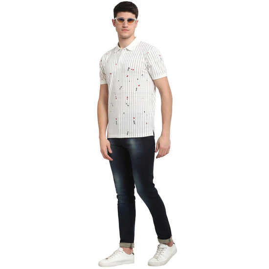 Rodamo White Striped Polo T-Shirts