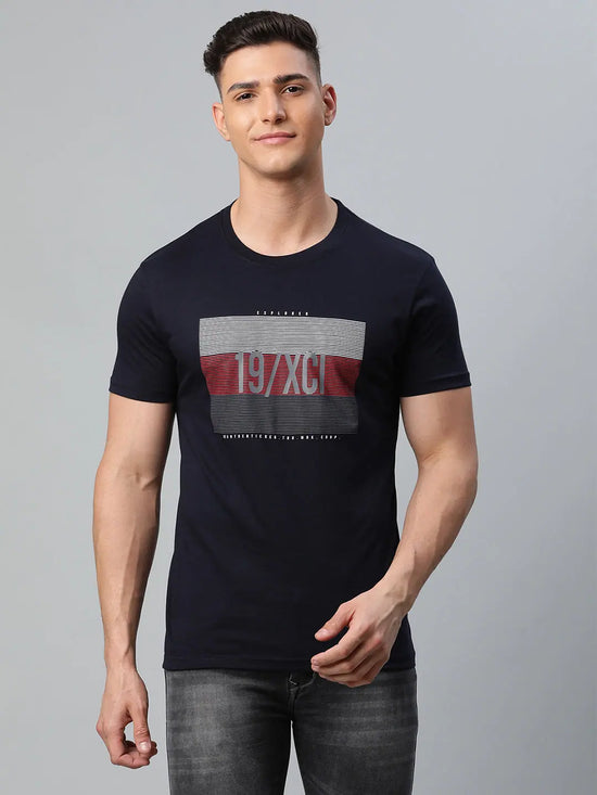 Rodamo Navy Blue Printed Round Neck T-shirts-112030102-L