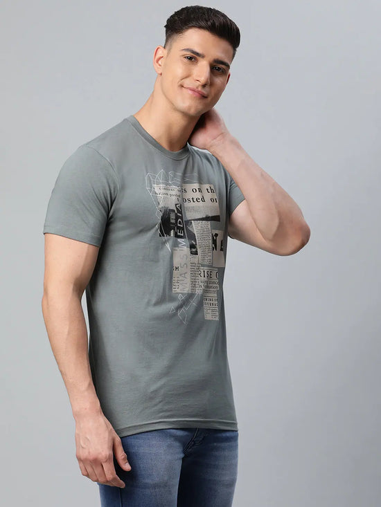 Rodamo Grey Printed Round Neck T-shirts-112040101-L