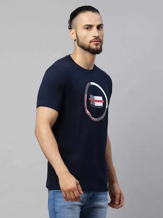 Rodamo Navy Blue Printed Round Neck T-shirts-112140101-L