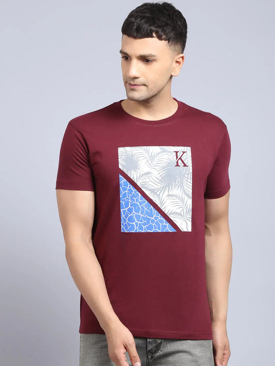 Rodamo Maroon Printed Round Neck T-shirts-112180101-L