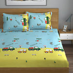 Home Sizzler 144TC Kid's Truck Light Green Elastic Fitted Double Bedsheet with 2 King Size Pillow Covers, Fit for Mattress: 72"X75" & 72"X78"