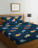 Home Sizzler 144 TC Microfibre Kid's Fishes Elastic Fitted Double Bedsheet (72X78 inch) with 2 King Size Pillow Covers