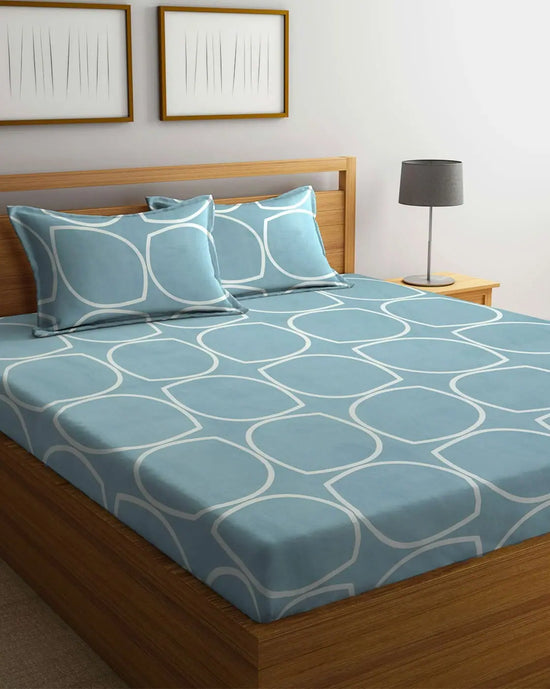 Home Sizzler 144TC Geometrical Grey Microfibre Elastic Fitted Double Bedsheet with 2 King Size Pillow Covers