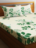 Home Sizzler 144TC Nature Embrace Lush Green Elastic Fitted Double Bedsheet with 2 King Size Pillow Covers, Fit for Mattress: 72"X75" & 72"X78"