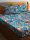 Home Sizzler 144TC Artistic Dreams Teal Blue Elastic Fitted Double Bedsheet with 2 King Size Pillow Covers, Fit for Mattress: 72"X75" & 72"X78"