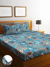 Home Sizzler 144TC Artistic Dreams Teal Blue Elastic Fitted Double Bedsheet with 2 King Size Pillow Covers, Fit for Mattress: 72"X75" & 72"X78"