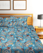 Home Sizzler 144TC Artistic Dreams Teal Blue Elastic Fitted Double Bedsheet with 2 King Size Pillow Covers, Fit for Mattress: 72"X75" & 72"X78"