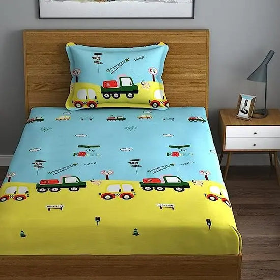 Home Sizzler 144TC Kid's Truck Light Green Single Bedsheet with 1 Pillow Cover