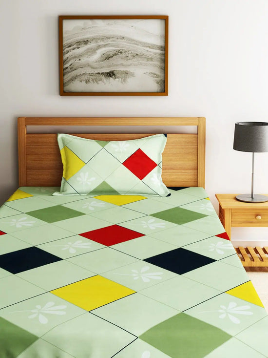 Home Sizzler 144TC Colorful Geometry Red & Green Double Bedsheet with 1 Pillow cover