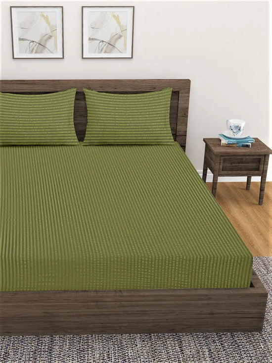 Home Sizzler 300TC Microfibre Green Satin Striped Elastic Fitted Double Bedsheet with 2 King Size Pillow Covers, Fit for Mattress: 72"X75" & 72"X78"