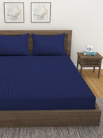 Home Sizzler 300TC Microfibre Blue Satin Striped Elastic Fitted Double Bedsheet with 2 King Size Pillow Covers, Fit for Mattress: 72"X75" & 72"X78"