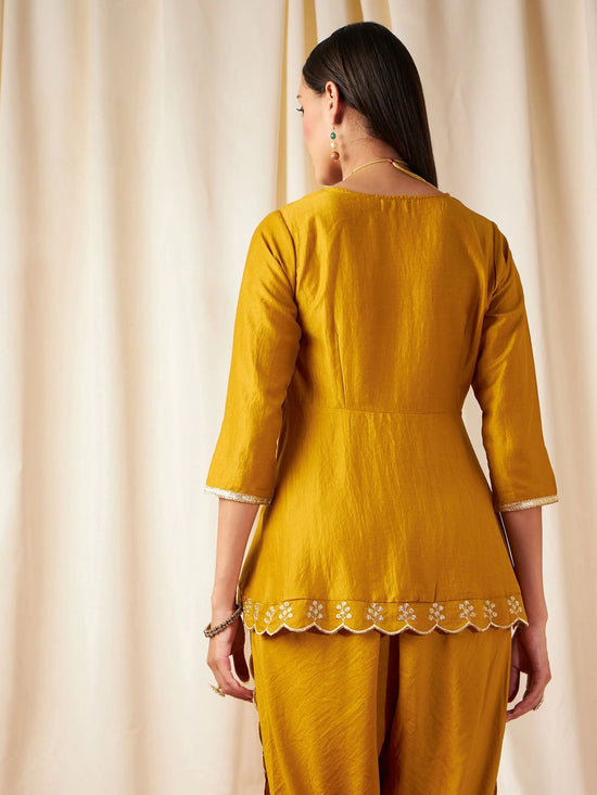 Women Mustard Zari Embroidered Peplum Top