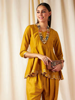 Women Mustard Zari Embroidered Peplum Top